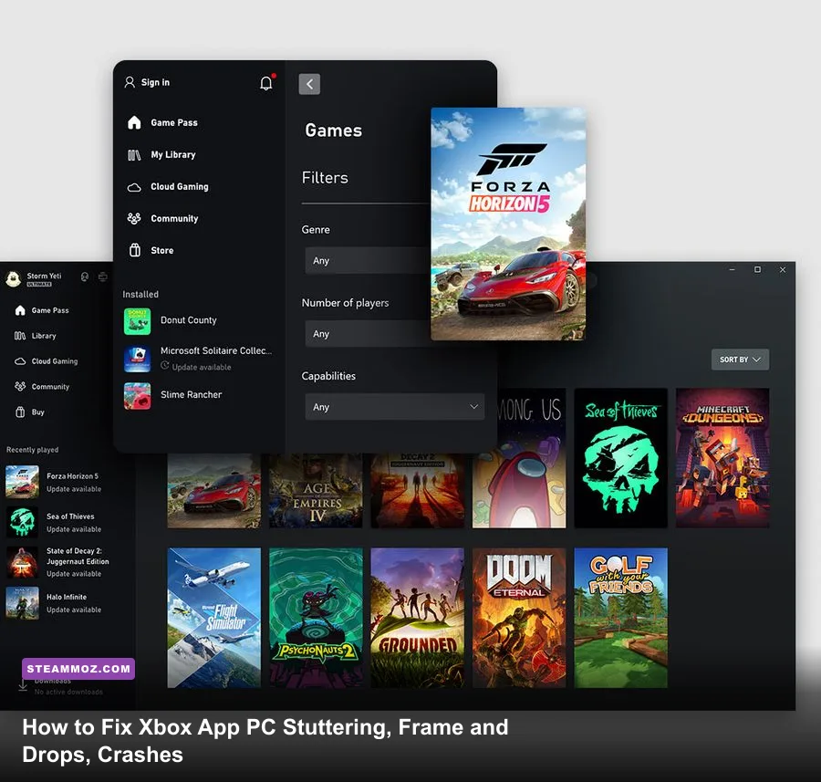 Xbox PC App library showing modern games on an optimized Windows gaming desktop