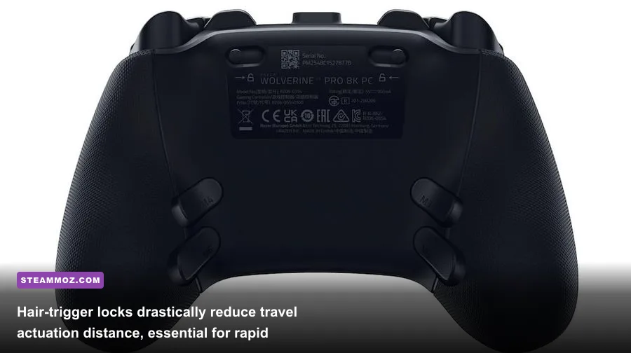 Rear view of Razer Wolverine Ultimate showing hair trigger stops and ergonomic paddles