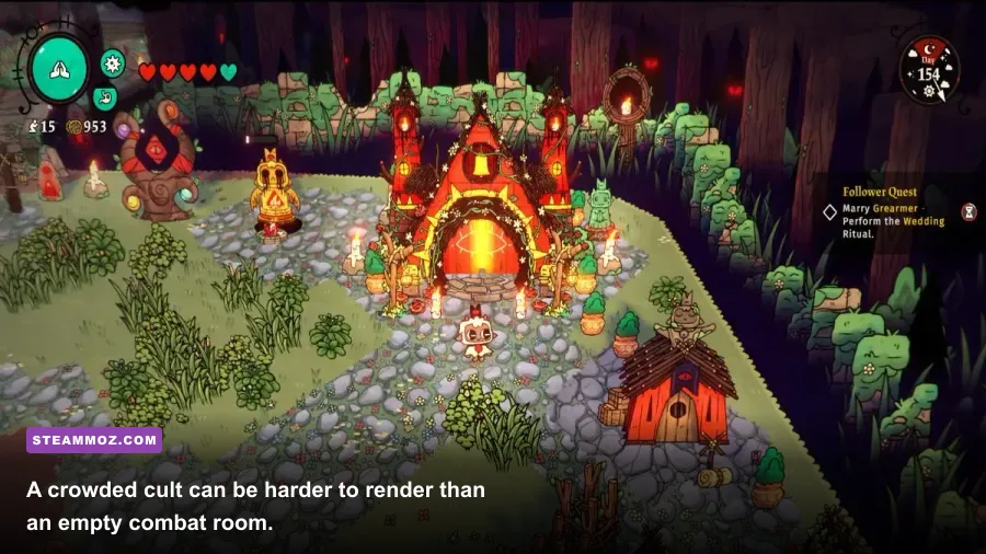 Cult of the Lamb village filled with followers, buildings, and decorations