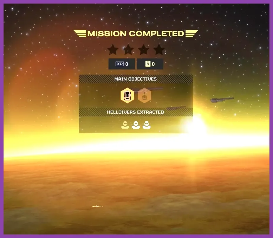Extraction mission in Helldivers 2 showing gold reward