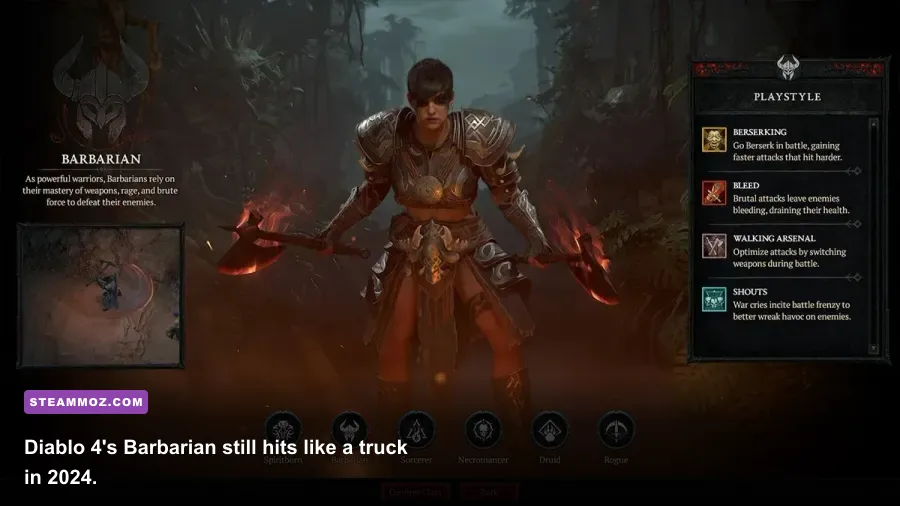 Diablo 4 Barbarian using Whirlwind skill against a horde of enemies