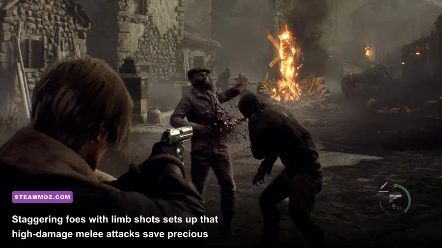 Leon performing a crowd-clearing roundhouse kick against stunned cultists