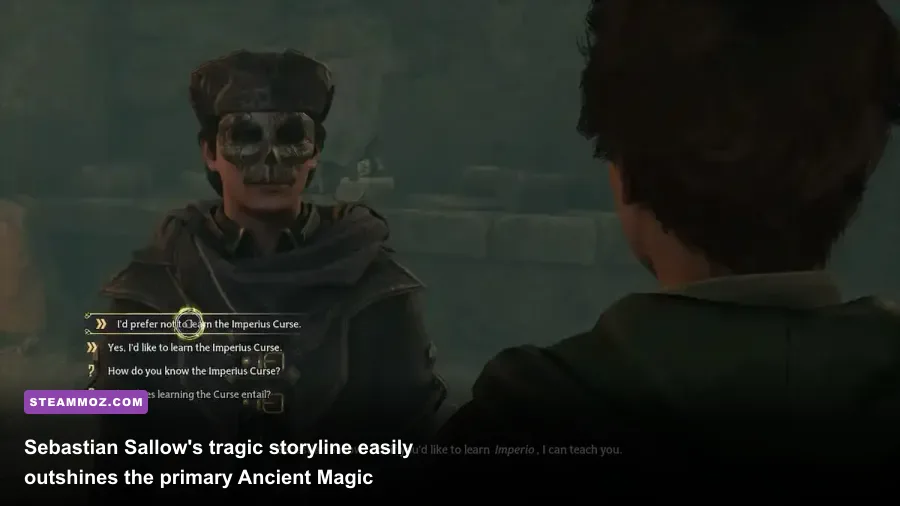 Sebastian Sallow and player character discussing Dark Arts spells in an ancient stone chamber