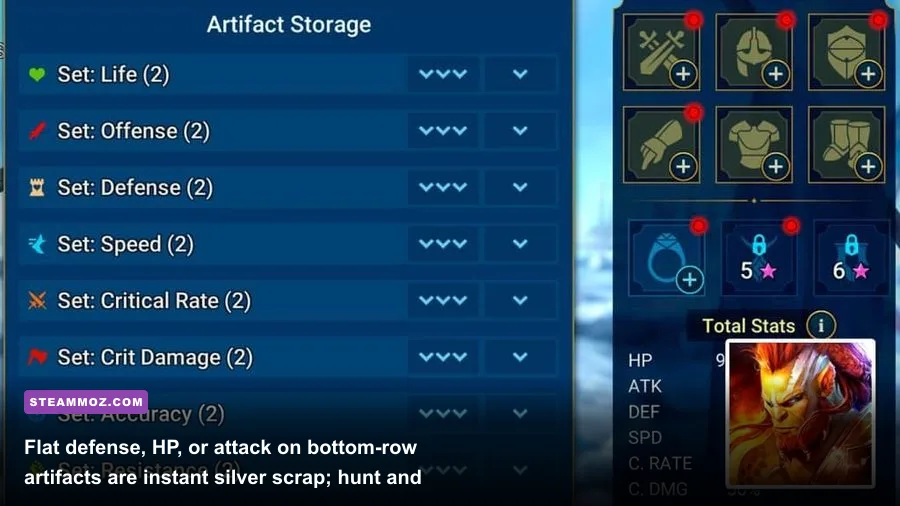 Champion artifact screen showcasing primary stats and six-star gear upgrades in Raid Shadow Legends