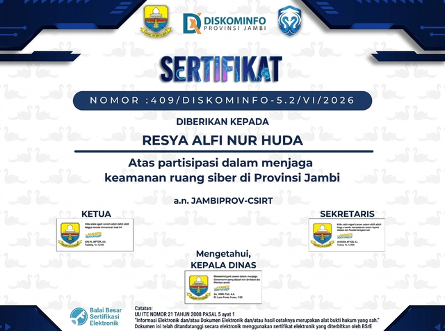 Sertifikat Apresiasi Bug Hunter - SYA444 Cyber Security Specialist Yogyakarta