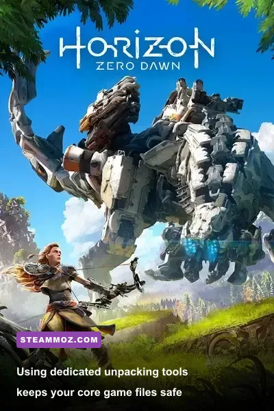 Folder directory showing packed bin files and Decima engine tools for Horizon Zero Dawn