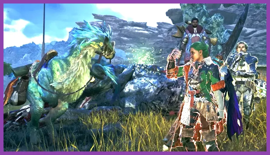 Four players hunting a massive beast together in Monster Hunter Wilds