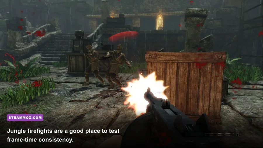 Deadfall Adventures gameplay screenshot showing jungle combat and weapon effects