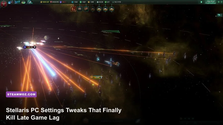 Massive fleet engagement in Stellaris with titan ships and laser fire