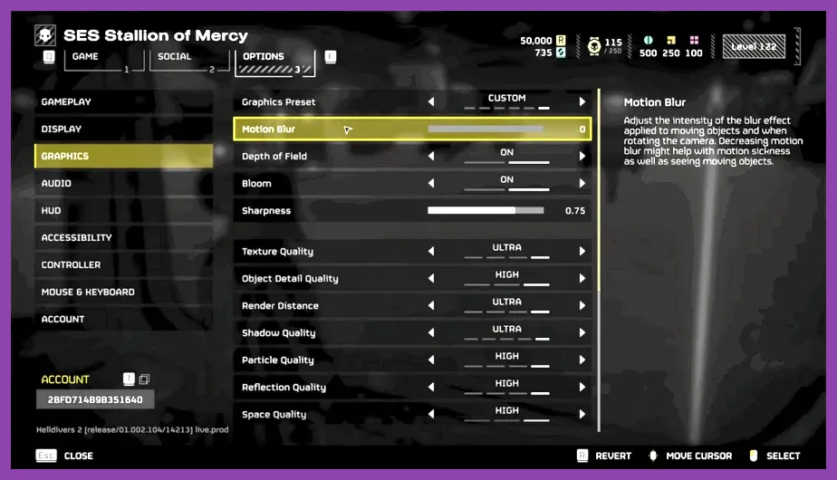 Helldivers 2 UI showing field of view slider and motion blur toggle disabled