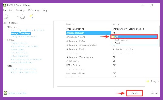 NVIDIA Control Panel 3D settings configuration screen