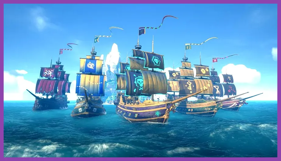 Sea of Thieves brigantine and galleon sailing together on the ocean