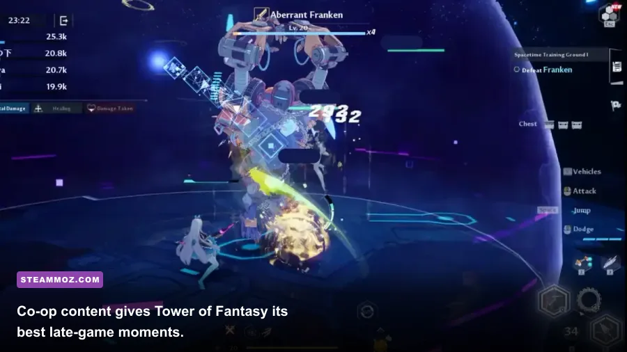 Tower of Fantasy players fighting a world boss in a cooperative endgame activity