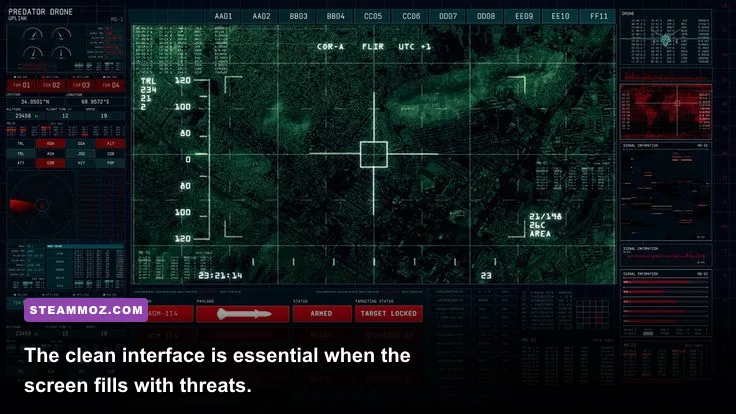 Drone Swarm tactical combat interface with enemy projectiles and drone controls