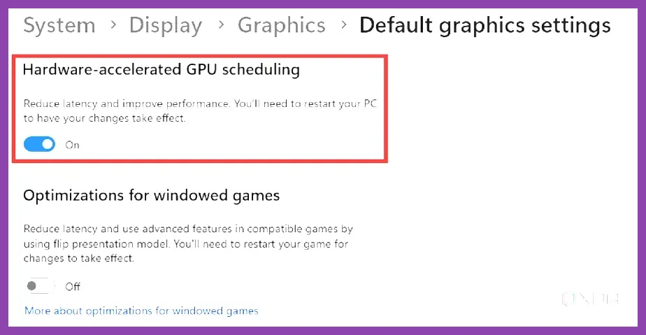 Windows 11 graphics settings menu with Hardware-Accelerated GPU Scheduling enabled