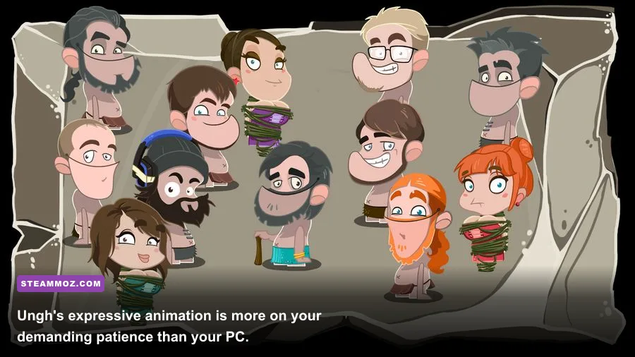 Ungh from Fire! standing in a colorful hand-drawn adventure-game scene