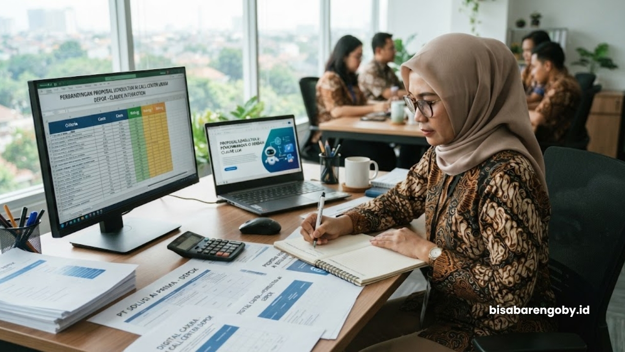 Manajer pengadaan menyeleksi proposal konsultan AI Call Center untuk UMKM di Depok berbasis Claude