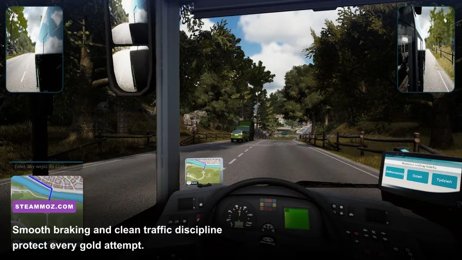 Bus Simulator 18 cockpit view approaching traffic lights and a speed limit