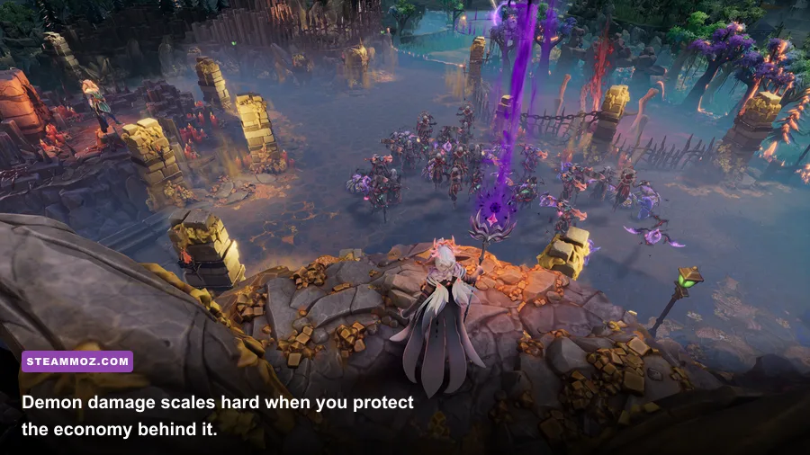 Dungeons 4 Demon forces using fire magic during a battlefield fight