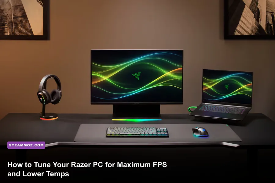 Razer Blade gaming laptop and battlestation peripherals on a clean desk