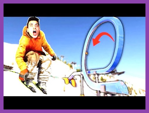 Snowboarder grinding a metal rail in a snowpark in Riders Republic