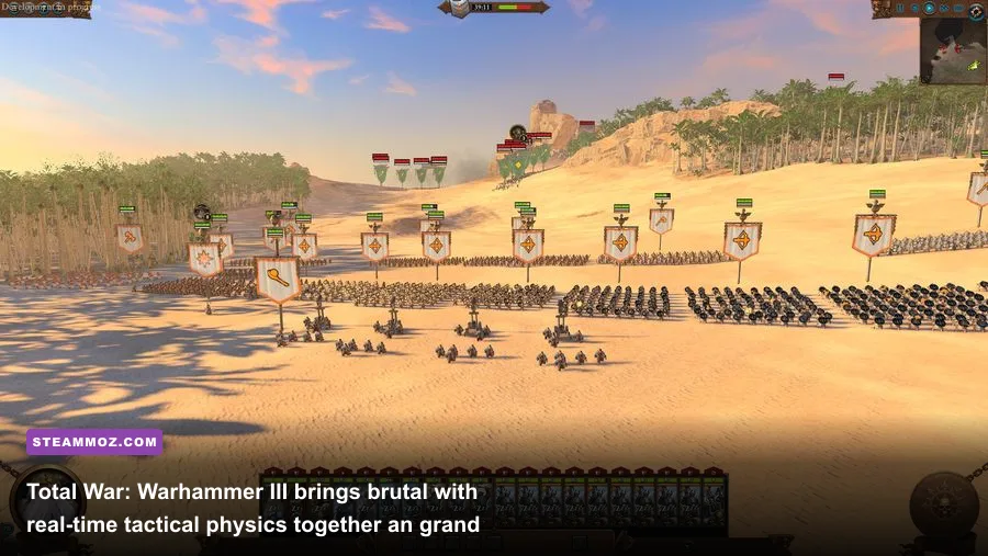 Total War Warhammer 3 battlefield with artillery strikes and fantasy infantry ranks