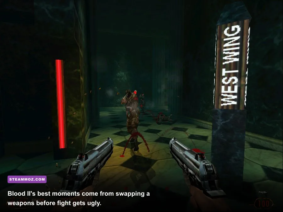 Blood II The Chosen weapon combat showing shotgun and Tesla Cannon gameplay