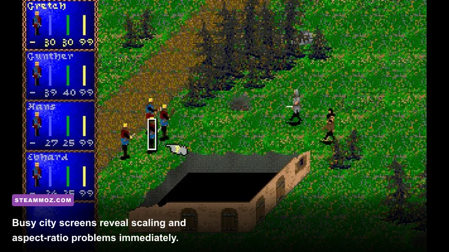 Darklands city interface showing a medieval German settlement