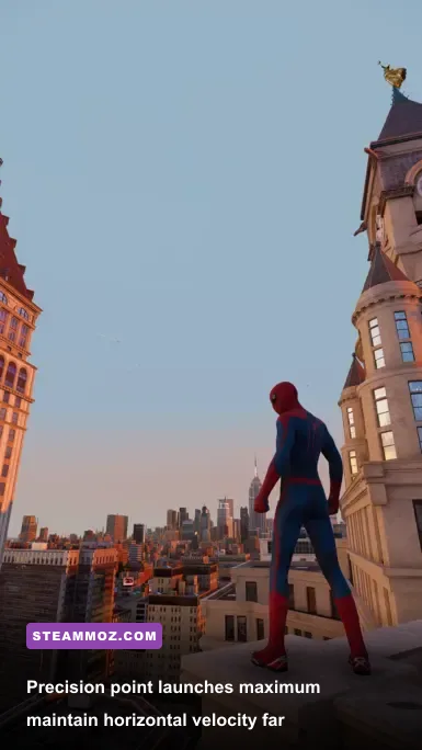 Spider-Man executing a precision point launch off a skyscraper rooftop antenna