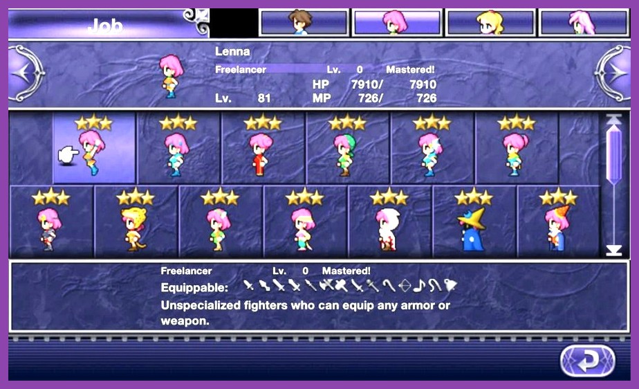 Final Fantasy 5 Pixel Remaster job customization screen with armor loadout