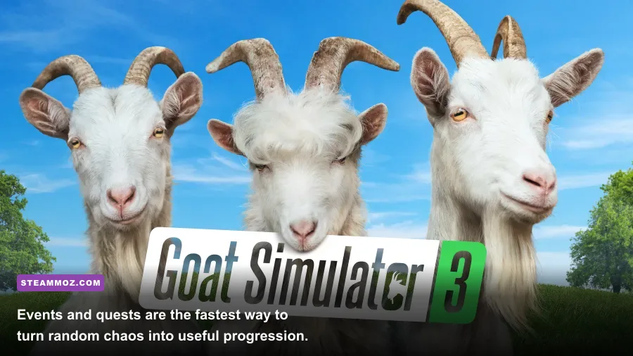 Goat completing an event and quest objective in Goat Simulator 3