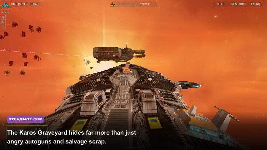 The Junkyard Dog dragging a captured capital ship through the Karos Graveyard in Homeworld