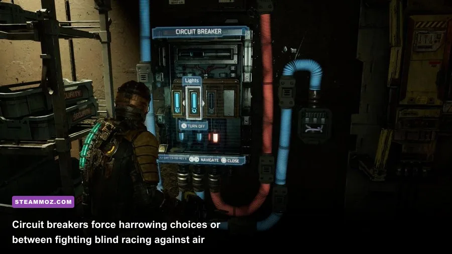 Dead Space Remake circuit breaker panel toggling between hallway lighting and life support systems