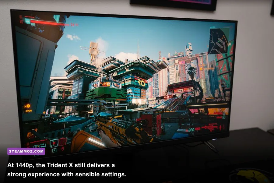 MSI Trident X running a modern PC game on a 1440p gaming monitor