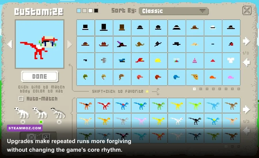 Dino Run DX dinosaur upgrade and customization gameplay screen