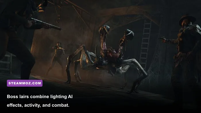 Hunt Showdown 1896 hunter fighting a boss inside a dark boss lair