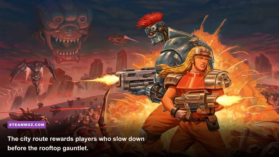 Blazing Chrome city rooftop stage filled with flying enemies and platforms