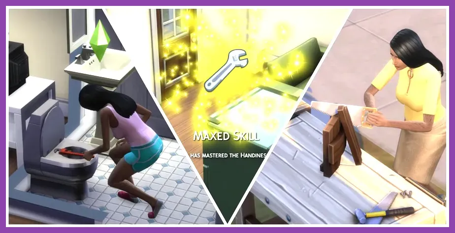 The Sims 4 Sim repairing a broken toilet while leveling Handiness