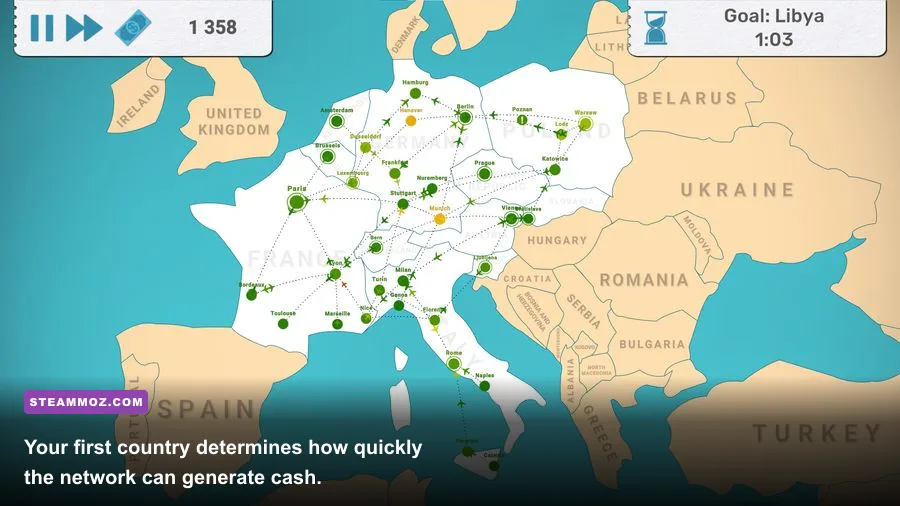 Fly Corp starting country with airports and passenger routes visible