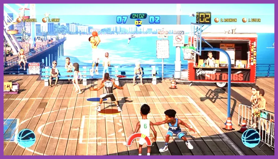 NBA 2K Playgrounds 2 players performing an alley-oop dunk