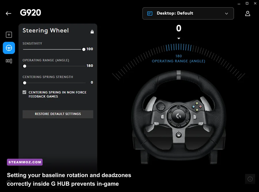 Logitech G HUB calibration screen showing wheel operating range and pedal curves