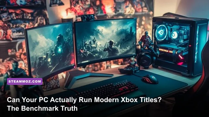 Modern gaming PC desktop running Xbox Game Pass titles with performance monitoring overlay