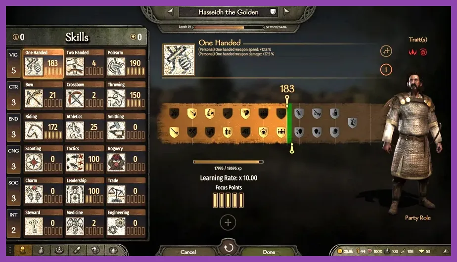 Companion character stats screen highlighting high smithing attributes in Bannerlord