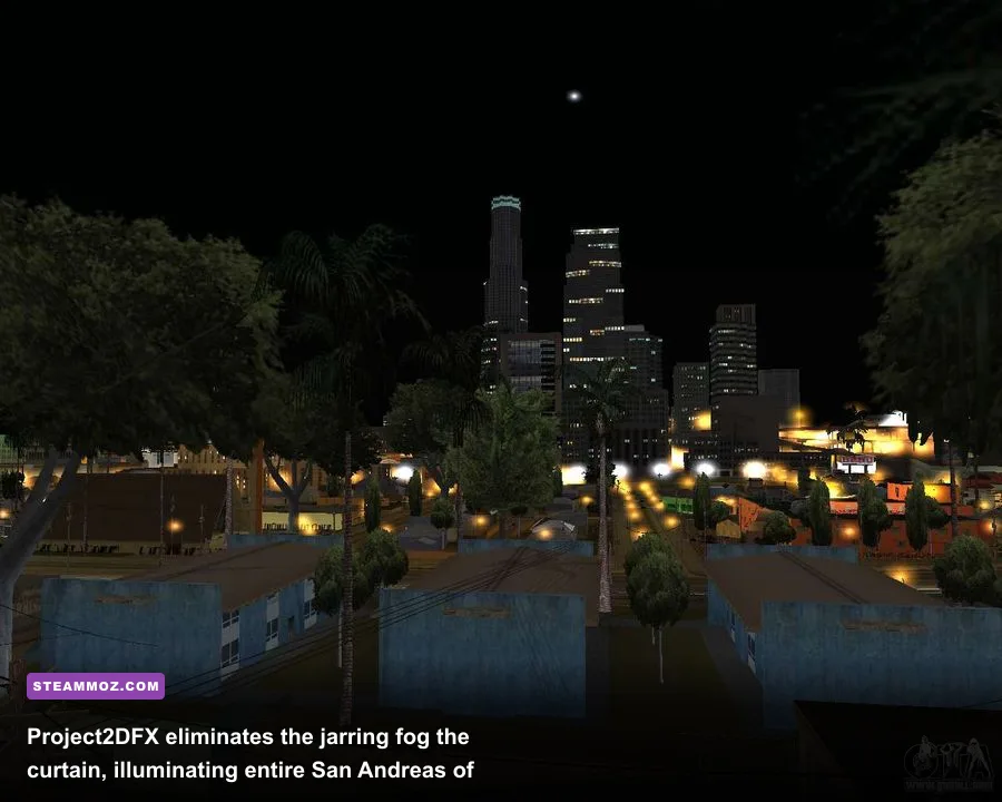 Las Venturas skyline illuminated at night with Project2DFX extended draw distance