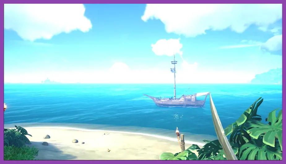 Sea of Thieves sloop approaching an island in PC gameplay