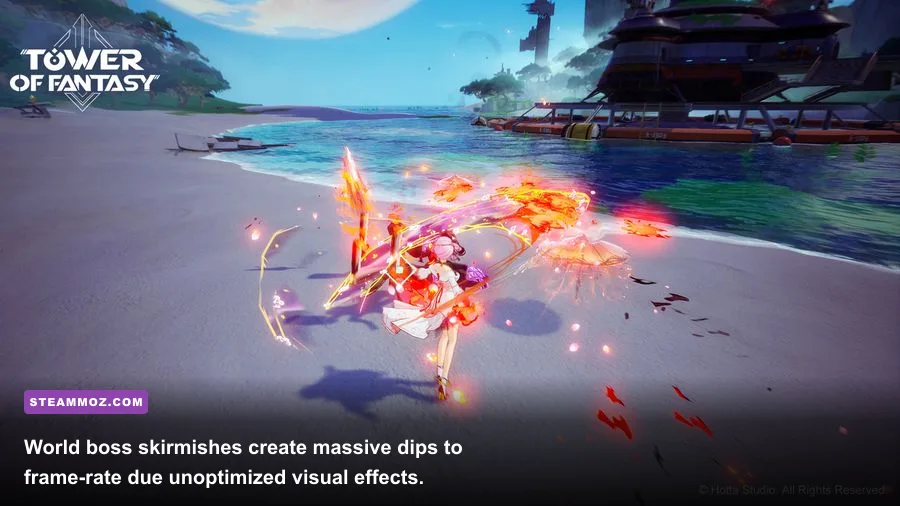 Dozens of players battling a world boss with flashy weapon skills in Tower of Fantasy