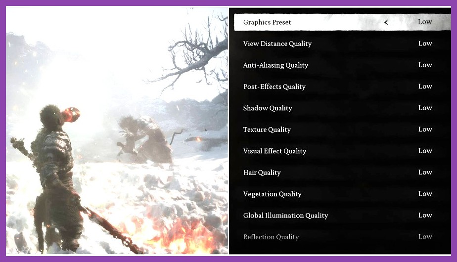 In-game graphics settings menu of Black Myth Wukong