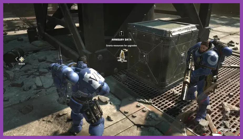 Space Marine 2 Operations Armoury Data relic pickup beside a supply crate