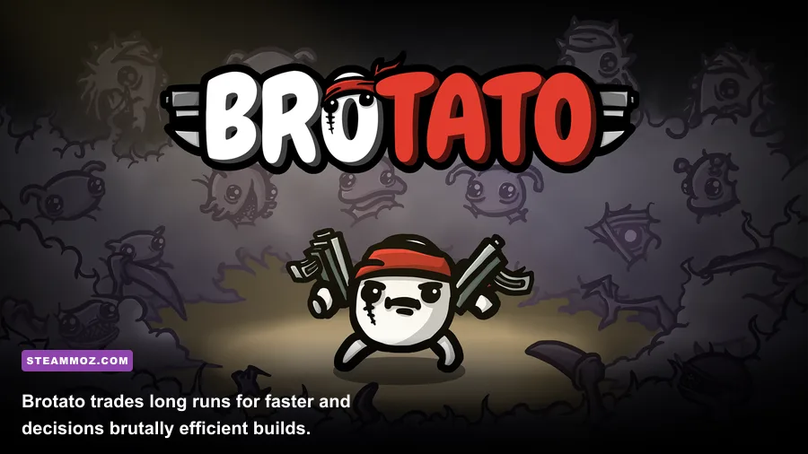 Brotato character fighting enemy waves with six weapons in an arena