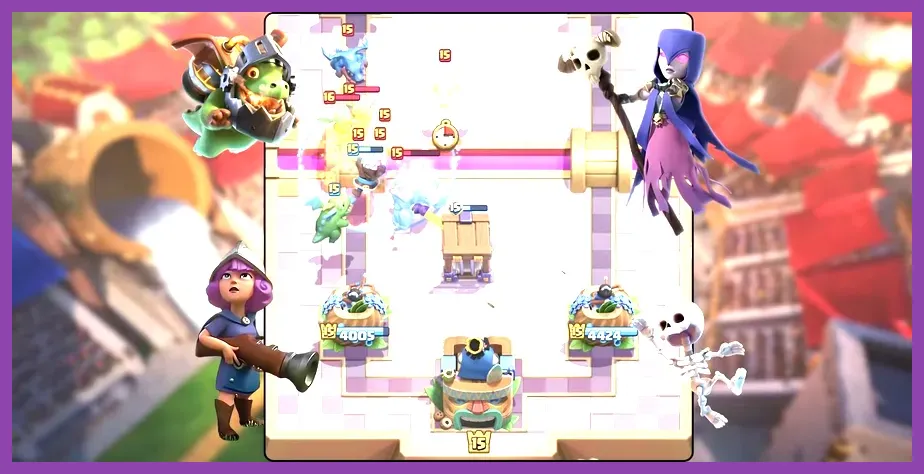 Clash Royale overtime defense against a Mega Knight bridge push